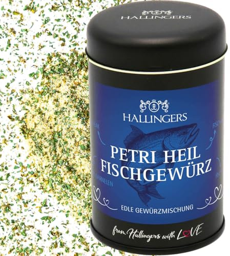 Hallingers Genuss Manufaktur Gewürzmischung Geschenk - Koch-Gewürze in edler Geschenk-Dose Petri Heil Fisc... für Fisch, Gemüsepfanne & Avocado, Geschenkidee für Fischer