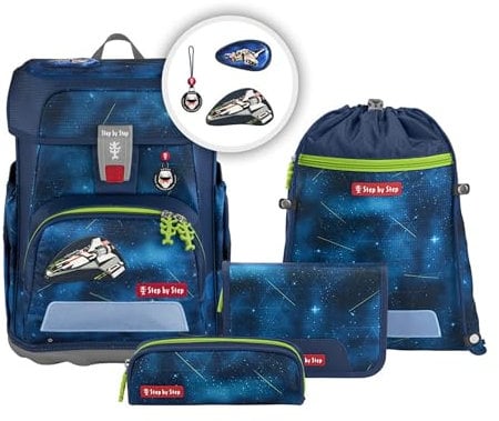 Step by Step Schulranzen-Set Cloud „Starship Galactus“ 5-teilig, blau, Raumschiff-Design, ergonomischer Tornister mit Reflektoren, höhenverstellbar mit Hüftgurt für Jungen ab der 1. Klasse, 19L