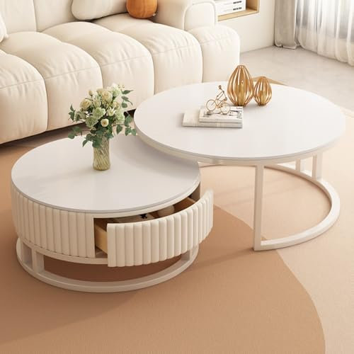 MDXVRKYBC Couchtisch Weiß Couchtisch Runder 2er Set Moderne Wohnzimmer Tisch Rund Sofatisch Kaffeetisch Set Mit Schublade, 50+70cm Runder Nested Beistelltisch Für Wohnzimmer, Balkon Und Büro