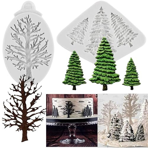 MYPRACS Stampo per albero di Natale, fondente, in silicone, per torte di Natale, decorazione cupcake, topper al cioccolato, caramelle, polimeri di argilla, set da 2