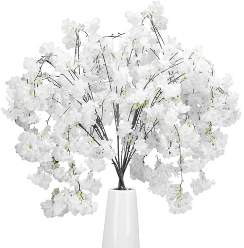 HUAESIN 6PCS Fleur De Cerisier Artificielle 134cm Fleurs Artificielles Cerisier Blanc Fleur Cerisier Artificielle Sakura Bouquet de Fleur en Soie Fausse Fleur Decoration Artificielle Blanche