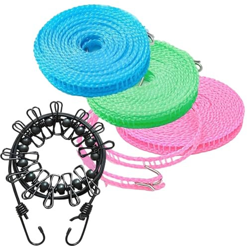 KHDULQ 4 Piezas Tendederos Portátiles,Cuerda Tendedero Exterior Línea Lavado Elástica Viaje Ajustable,Retráctil,Resistente Al Viento,Ropa Viaje,Secado Aire Libre(Azul+Verde+Rosa+Negro)
