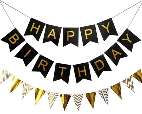 Tourima Geburtstagsdekoration Banner Set, Schwarz und Gold, Happy Birthday Girlande mit Chevron Wimpelkette, Partydekoration Girlande Geburtstag