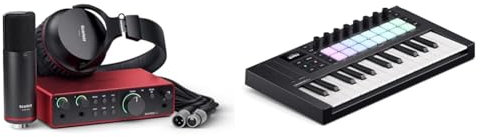 Focusrite Scarlett 2i2 Studio 4th Gen USB Audio Interface Bundle with Condenser Microphone and Headphones + Novation Launchkey Mini 25 [MK4] — Portable 25 Mini-Key, USB, MIDI Keyboard Controller.