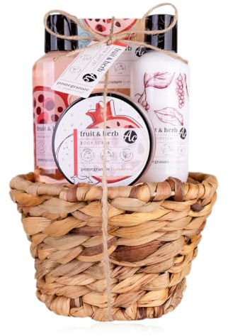 Accentra - Duschset Geschenkset für Frauen FRUIT & HERB in schönem Geschenkkorb, 4tlg. Badeset Geschenk mit Duschgel, Bodylotion, Peeling & Badesalz – fruchtige Geschenkidee Duft: Granatapfel