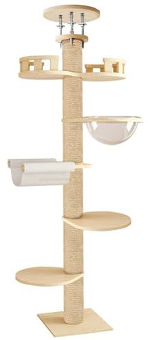 Altsuceser Floor to Ceiling Cat Tree, 6 Story Mansion Grade Cat Tree Tower 120 Inch High, Adjustable Cat Climbing Frame with Capsule, Lookout Wooden Color