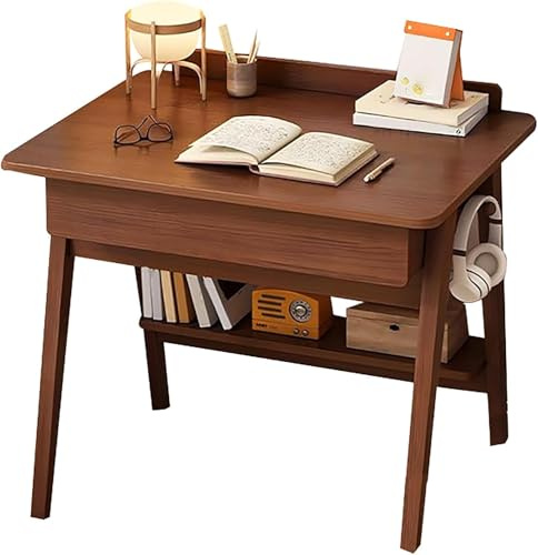 Mid-Century Moderner Computertisch mit 2 Schubladen – Eingebaute Haken & Unterlagerregal, einfache 20-minütige Montage, Schreibtisch für Heimbüro/Arbeitszimmer (80 cm, Walnuss)