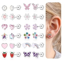12 Paar Kinder Ohrringe Mädchen Chirurgenstahl Medizinische Ohrstecker Set | Hypoallergene 14K Vergoldete Ohrringe mit Flachem Verschluss CZ Herz Schmetterling Blume Ohrstecker Mädchen Damen Kinder