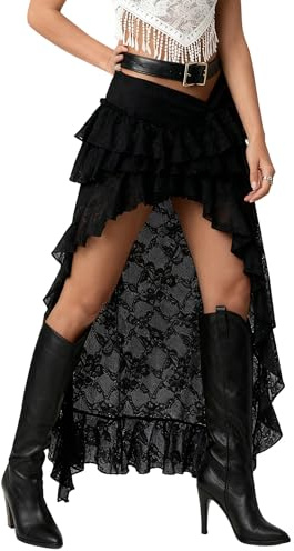 ensswliz Women Tiered Sheer Lace Maxi Skirt High Waist See Through Floral Mesh Long Skirt Clubwear Party Flowy A-Line Skirts