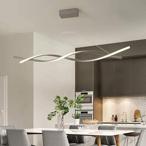 Yuelux Moderne LED Hängeleuchte mit Fernbedienung - Dimmbare Pendellampe in Wellen-Design, höhenverstellbar für Esstisch, Küche, Wohnzimmer, Büro, Schlafzimmer sowie Esszimmer (Grau, 120cm)