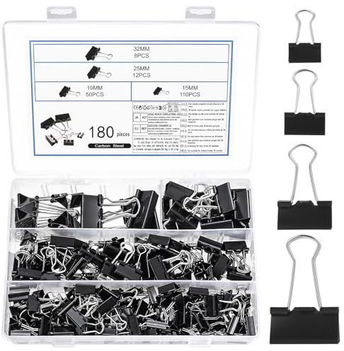 180 Pz Clip per Raccoglitori, Fermagli Bulldog, Graffette Ufficio, Pinces à Documents, Pinces à Papier, Clip Fermacarte Fermagli Pieghevoli Forniture per Ufficio Appunti Carta, nero, 15/19/25/32 mm