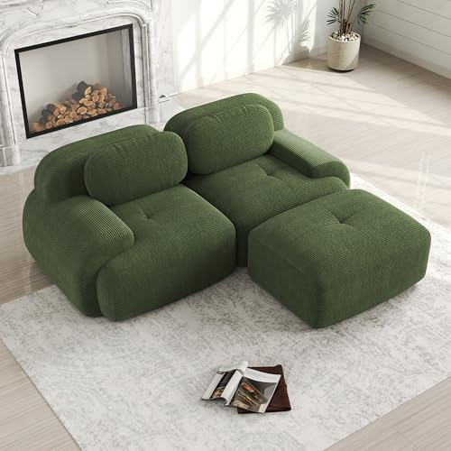 Modulares Cord Sofa L-förm Ecksofa mit Hocker Ohne Montage, Grün 2-Sitzer+1 | Modernes Loveseat Couch Schlafsofa mit Ottoman, Cloud Polstersofa für kleine Wohnzimmer, Vakuumverpackt Rahmenloses Boden