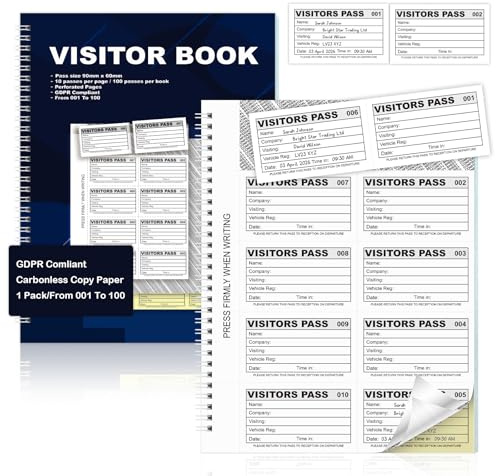 Visitors Book Sign in and Out GDPR Compliant Carbonless with 100 Copies | A4 Log (90 x 60mm) Confidential Hidden Name Duplicate Badge Inserts for School Workplace Office Reception