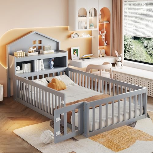 Ball & Cast Bodenbett (90x200 cm), Jugendbett und Hausbett mit Einlegeböden & Stauraum, Kinderbett 90x200 mit rausfallschutz, ohne Matratze, Grau