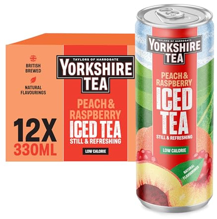 Yorkshire Tea Peach & Raspberry Iced Tea, 330 ml (12-Pack) | 12 Cans of 330 ml, All Natural Flavourings, Made with Plenty of Yorkshire Tea, British Brewed and Ready to Drink