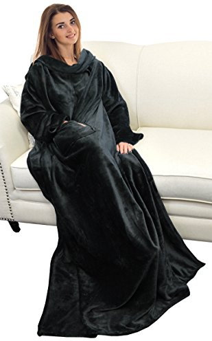 Catalonia Classy Decke mit Ärmeln als Geschenk für Frauen Herren, Flauschig Fleece Tragbare Kuscheldecke mit Ärmel, Cozy Warm Decke zum Anziehen Ärmeldecke Erwachsene, 185 x 130 cm Schwarz