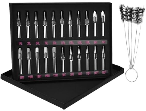 ATOMUS 22pcs Tattoo Tips Set - Stainless Steel - Mixed Shapes & Sizes - Includes 5pcs Nylon Tube Brushes - Pre-Sterilized
