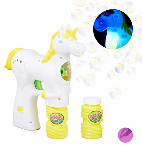 Relaxdays Einhorn Seifenblasenpistole, LED, batteriebetrieben, 2x Seifenblasen Flüssigkeit, Kinder & Erwachsene, weiß