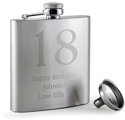 Personalised 18th Birthday Brushed Stainless Steel Hip Flask | This Personalised 18th Birthday Stainless Steel Hip Flask makes a wonderful engraved gift