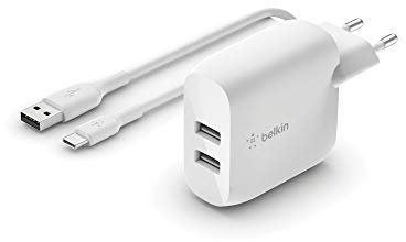 Belkin cargador de pared USB-a doble de 24 W Boost Charge + cable USB-A a USB-C (adaptador de pared USB para dispositivos de Samsung, Pixel, iPad Pro y otros)