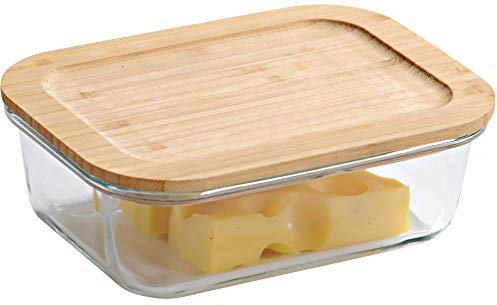 KESPER Aufbewahrungsglas mit Bambusdeckel – rechteckige Frischhaltedose aus Glas mit luftdichtem Verschluss, FSC-zertifiziert, stapelbar, Maße: 20 x 14,5 x 7 cm, 38022
