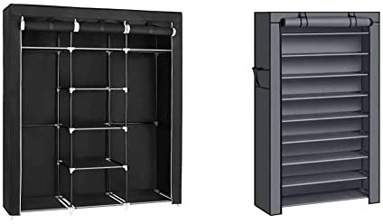 SONGMICS Kleiderschrank, Faltschrank, Stoffschrank, 175 x 150 x 45 cm, schwarz RYG12B & Schuhregal mit 10 Ebenen, Schuhaufbewahrung, Schuhorganizer, für bis zu 40 Paar Schuhe, 88 x 28 x 160 cm, grau