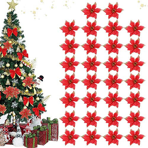 30Pcs Weihnachtsdekoration Blumen,Schneeflocken Deko,Blume für Weihnachtsschmuck,Weihnachtsbäume,Baumschmuck Künstliche,Weihnachtsbaum Weihnachtskranz,Weihnachten Blumen Deko,Aufhängen Weihnachtsbaum