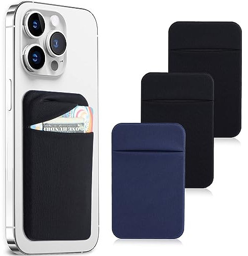 3Pack Cell Phone Card Holder Pocket for Back of Phone,Stretchy Lycra Stick on Wallet Credit Card ID Case Pouch Sleeve 3M Adhesive Sticker with Flap for iPhone Samsung Galaxy (2Black+1Navy Blue)