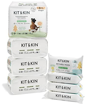 Kit & Kin Premium Eco Size 3 Newborn Essentials Starter Pack| Sustainable Baby Nappies and Biodegradable Water Wipes | Hypoallergenic with Flash Dry High-Performance Layer (128 Nappies, 240 Wipes)
