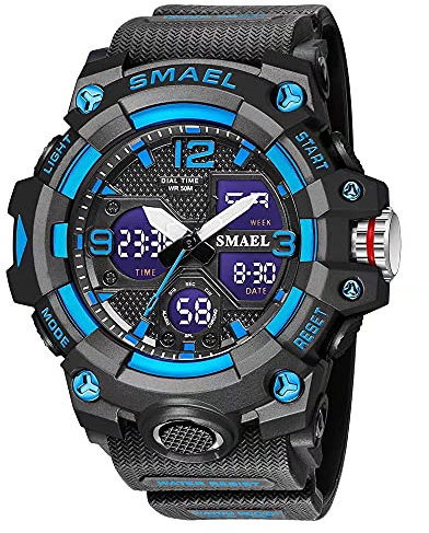 SMAEL Herren-Armbanduhr, Militär, Outdoor, wasserdicht, Sport-Armbanduhr, Datum, Multifunktions-LED-Wecker, Stoppuhr, digitale Uhren für Herren, Blau, Large Face, Digital