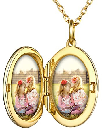 PROSILVER Damen aufklappbar Oval Medaillon zum Öffnen Silber 925 18k vergoldet personalisiert Oval Anhänger mit 2 Bilder Foto Amulett Souvenir für Weihnachten Valentinstag