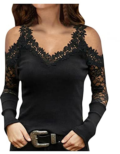 ORANDESIGNE Chemisier Sexy Femme Tunique Haut Manches Longues Évidé Top Automne Blouse Dentelle Chemisier Col V T-Shirt Chic L Noir XXL