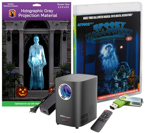 Reaper Brothers Kit de décoration numérique effrayant d'Halloween Hollusion comprenant 8 effets vidéo AtmosFX pour Halloween Plus Projecteur HD super lumineux et écran de projection holographique de