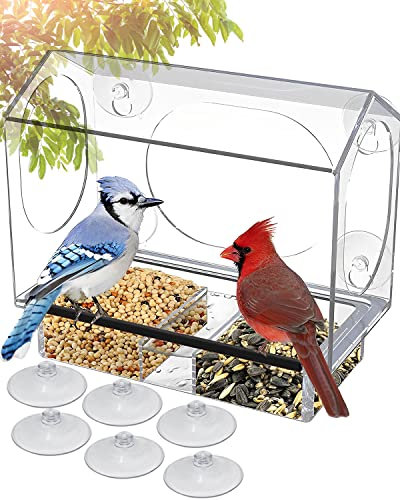 E-SMARTER Window Bird Feeder, Sturdy and Durable Feeder with 6 Strong Suction Cups, Wet Dry Separation Removable Magnetic Tray, Clear for Wild Bird, Small 21.8x19.5x10cm