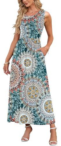 AUSELILY Summer Dresses for Women Casual Sleeveless Ladies Maxi Dress Long with Pockets Print Green XXL