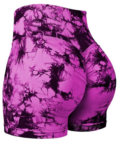 Yiifit Nahtlose Booty Damen Yoga Tie Dye High Waist Workout 3 Sport Shorts Lila Pulver Large