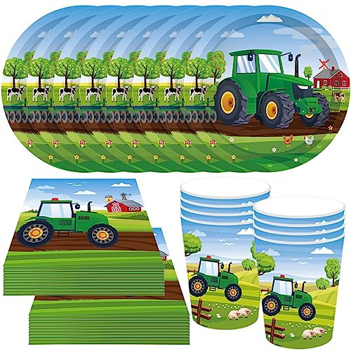 MEZHEN Traktor Partygeschirr Kindergeburtstag Traktor Party Geschirr Traktor Geburtstag Party Supplies Set Pappbecher Pappteller Servietten Kindergeburtstag Deko 8 Gäste