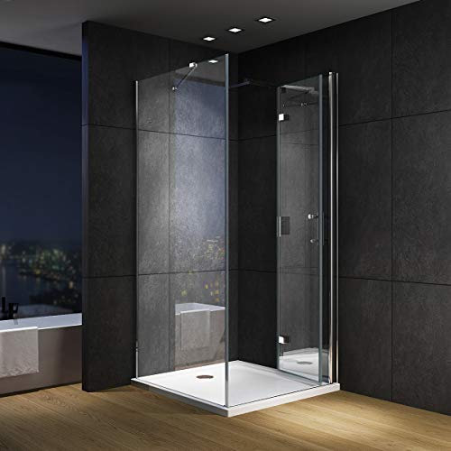 IMPTS Duschkabine 90 x 90 cm Eckeinstieg falttür Duschtür 180º faltbar Klappbar 6mm NANO Glas Duschwand Duschabtrennung 195cm Höhe, INKL Duschwanne & Ablauf