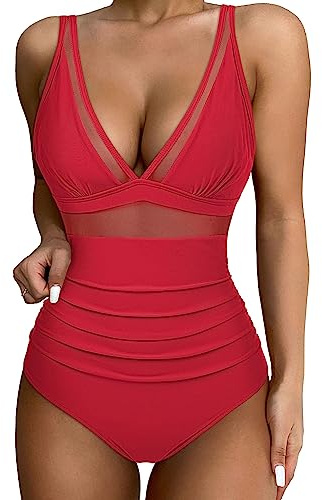 SUUKSESS Women Sexy Mesh Tummy Control Swimsuit Push Up High Waisted Bathing Suit