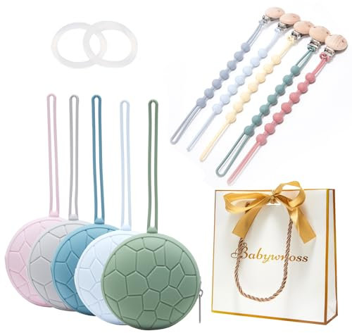 Babywnoss - 2 Catenella Portaciuccio in Silicone - 1 porta ciuccio - 4 adattatori (Grigio, Con sacchetto regalo)