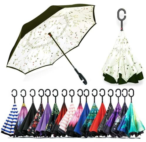 CICILIAYA Double Layer Folding Inverted Umbrella, Self Stand Upside-down Rain Protection Car Reverse Umbrellas with C-shaped Handle Big Straight Umbrella (Beige 1)