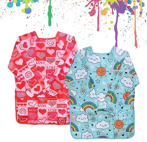 Qtuie Malkittel Kinder 2Stk Malschürze Kinder Wasserdicht Malerkittel Bastelschürze Zeichenkittel Kunstkittel Schürze Malen Langarm mit Taschen Malschurze aus Polyester für Kinder 3-7 jahre (Herz)