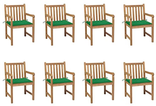 JUNZAI Gartenstühle 8 STK. mit Grünen Kissen, Gartenmöbel, Balkonstühle, Balkonmöbel, Bistrostuhl, Garten Stühle, Sit Möbel, Armlehnenstuhl, Massivholz Teak