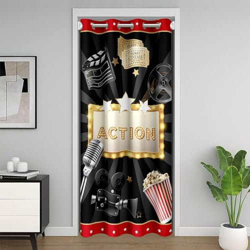 richhome Vintage Film Tür Vorhang für Privatsphäre Popcorn Kamera Film Vorhang für Schlafzimmer 80er Jahre Schwarzer Vorhang für Schrank Raum Vorhang 1 Panel 86x203