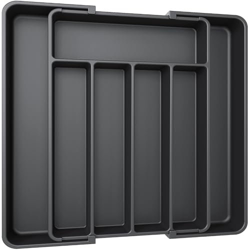 Aujen Cutlery Drawer Organiser - Expandable Kitchen Drawer Organiser, Adjustable Cutlery Tray, Utensil Organisation for Forks, Knives, Multipurpose Kitchen Storage, Black, 31.50x4.17x22.50~37.50 cm