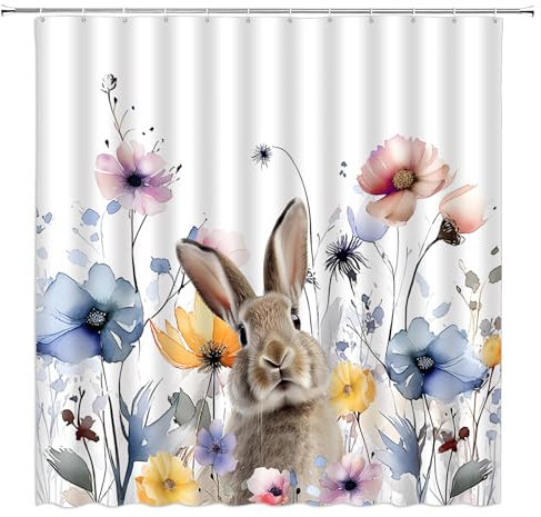 DSMEUE Oster-Duschvorhang, Hase, Aquarell, Blume, Pflanze, Boho, Frühling, Festival, Urlaub, Natur, Blau, Rosa, Gelb, Badezimmer-Dekor-Vorhang mit Haken, 178 cm B x 178 cm H