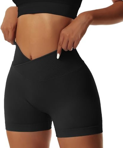 Coswind Sport Leggings Damen Kurze Booty Scrunch Gym Shorts Yoga V Cross Push Up Radlerhose Sexy Blickdicht Schwarz L