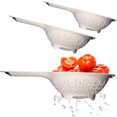 Tomko Set di 3 colino da cucina in plastica con manico, diametro 22,/19/16 cm, colino per lavare frutta e verdura, scolapasta per pasta, scolapasta (bianco)