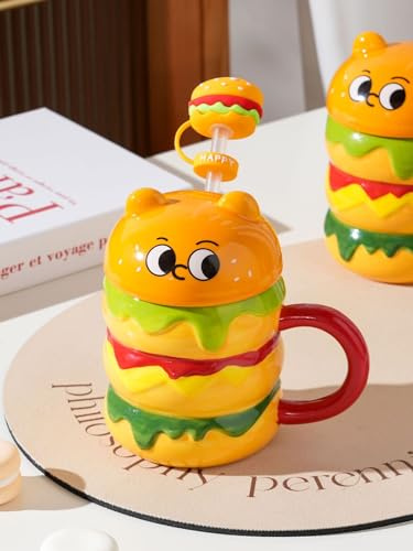 SepApr88 Ceramic Coffee Mug, Cute Funny Novelty Ceramic Cup Set with Spoon & Handle & Spill Proof Leak Proof Lid, Hamburger & Caterpillar Shape Design Tea Mug（390ml）