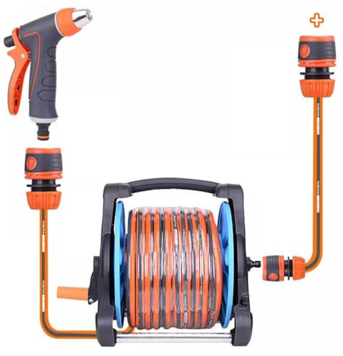 ZXNANA Gartenschlauchaufroller, Kleiner kompakter Schlauchwagen, Leichter Schlauchaufroller mit Düse, tragbares Wasserrohr-Aufbewahrungsregal (Red 20m)